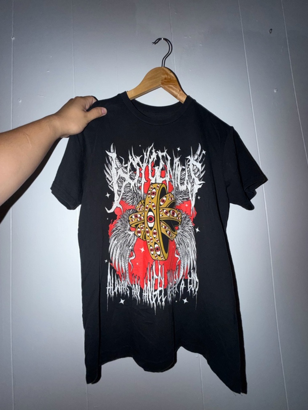 Graphic Black Band Tee with Red & Gold Angel Design